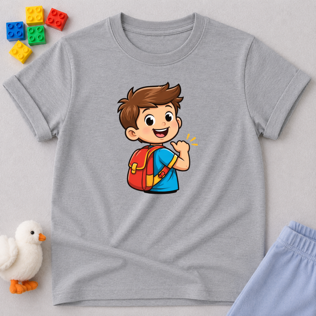 Little Explorer of Faith Shirt Christian kids shirt in Athletic Heather featuring a smiling child with a backpack and adventure theme