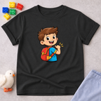 Little Explorer of Faith Shirt Christian kids shirt in Black featuring a smiling child with a backpack and adventure theme