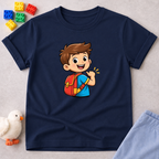 Little Explorer of Faith Shirt Christian kids shirt in Navy featuring a smiling child with a backpack and adventure theme