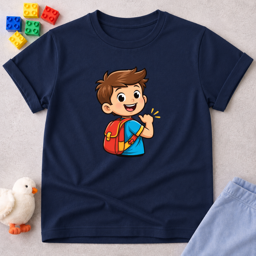 Little Explorer of Faith Shirt Christian kids shirt in Navy featuring a smiling child with a backpack and adventure theme
