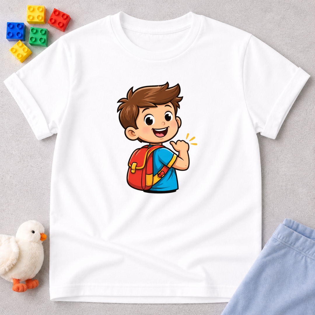 Little Explorer of Faith Shirt Christian kids shirt in White featuring a smiling child with a backpack and adventure theme