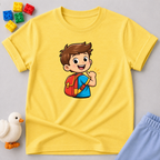 Little Explorer of Faith Shirt Christian kids shirt in Yellow featuring a smiling child with a backpack and adventure theme
