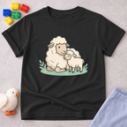 Little Lamb Of Faith Christian kids shirt in Black featuring a gentle lamb and faith-inspired artwork