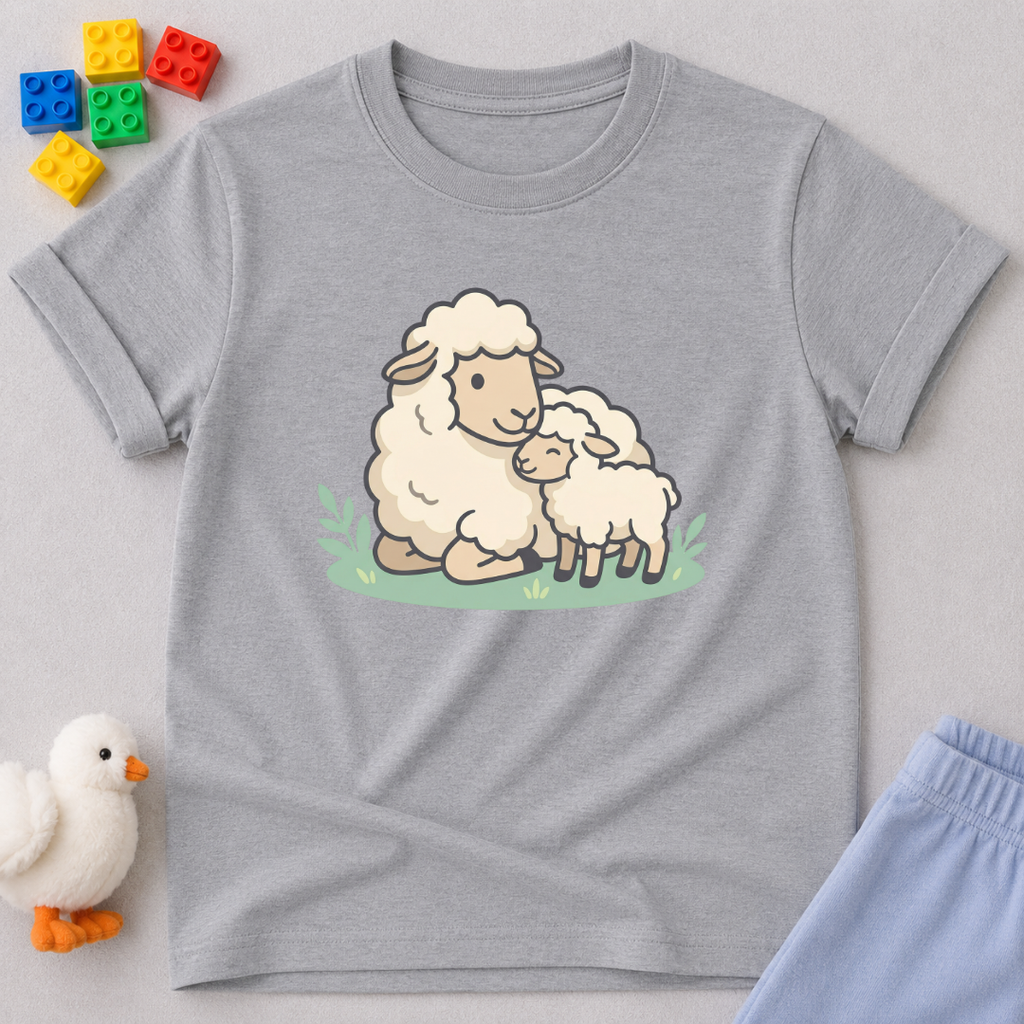 Little Lamb Of Faith Christian kids shirt in Gray featuring a gentle lamb and faith-inspired artwork