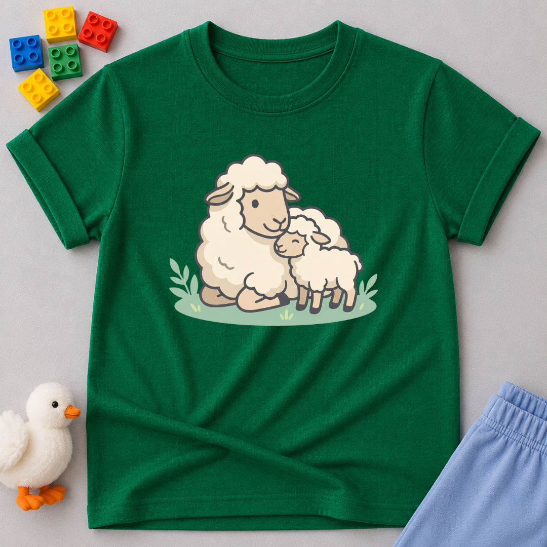 Little Lamb Of Faith Christian kids shirt in Green featuring a gentle lamb and faith-inspired artwork