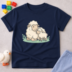 Little Lamb Of Faith Christian kids shirt in Navy featuring a gentle lamb and faith-inspired artwork