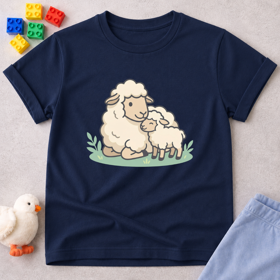 Little Lamb Of Faith Christian kids shirt in Navy featuring a gentle lamb and faith-inspired artwork