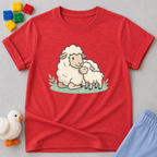 Little Lamb Of Faith Christian kids shirt in Red featuring a gentle lamb and faith-inspired artwork