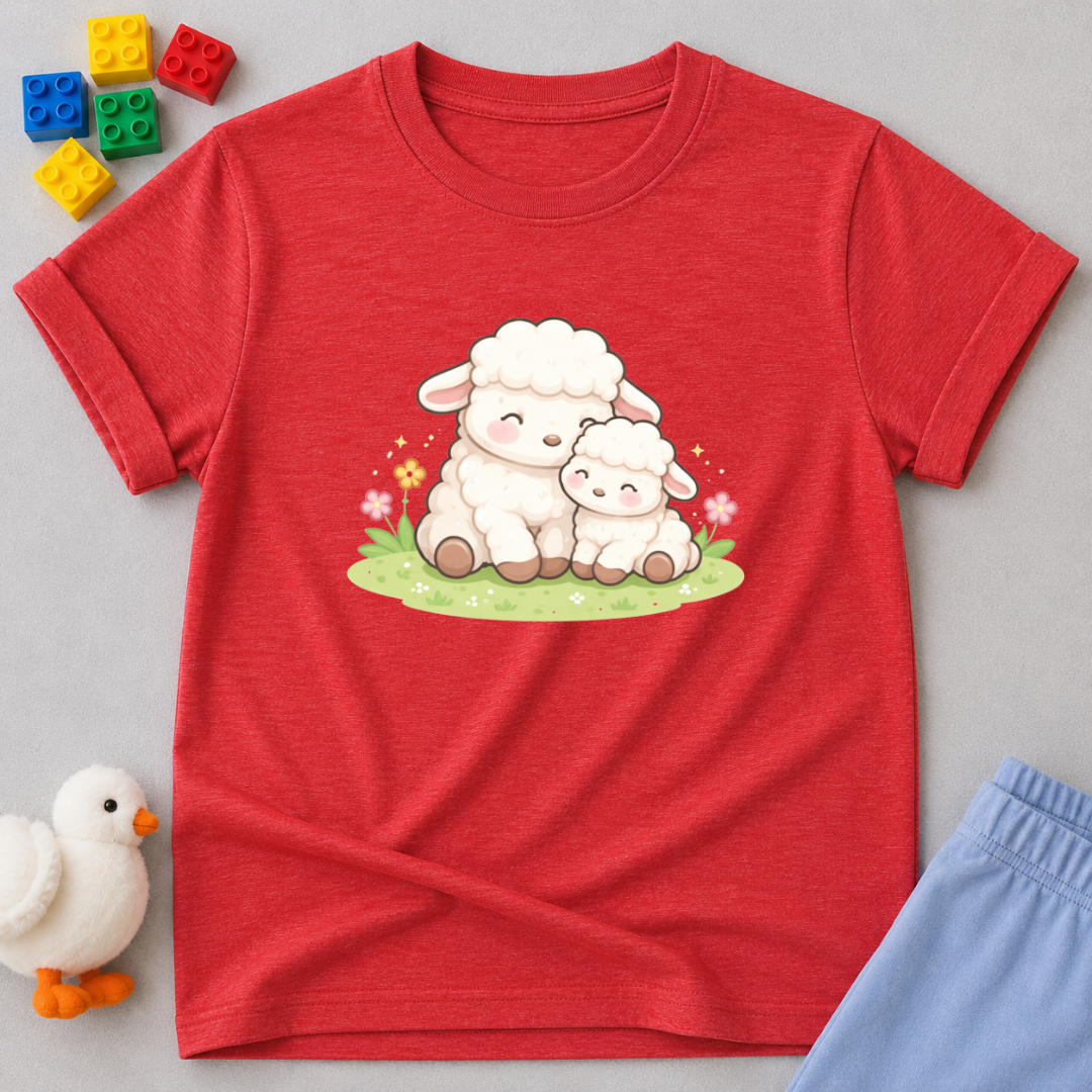 Little Lamb of God Shirt Christian kids shirt in Red featuring an adorable lamb and faith-inspired design