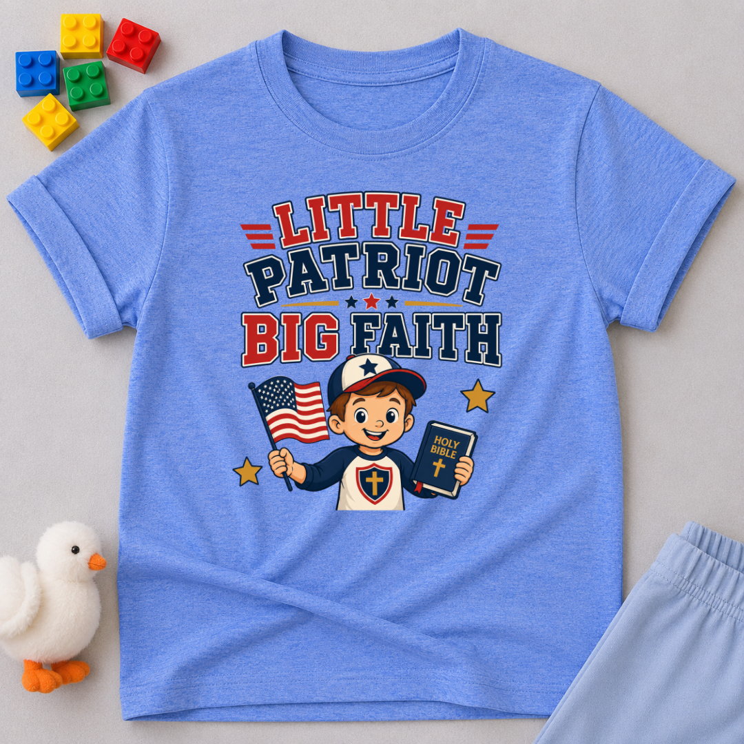 Little Patriot Big Faith Boy Christian kids shirt in blue featuring a patriotic child holding a Bible and American flag
