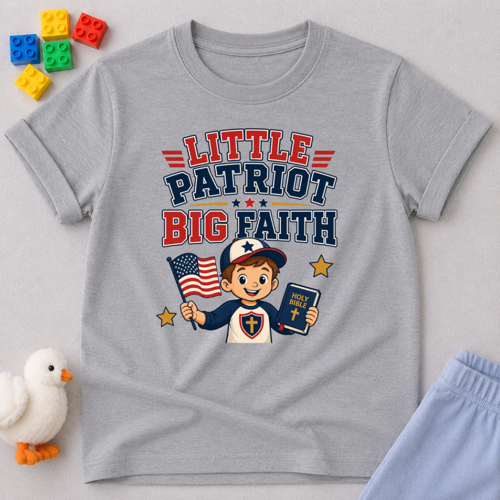 Little Patriot Big Faith Boy Christian kids shirt in gray featuring a patriotic child holding a Bible and American flag
