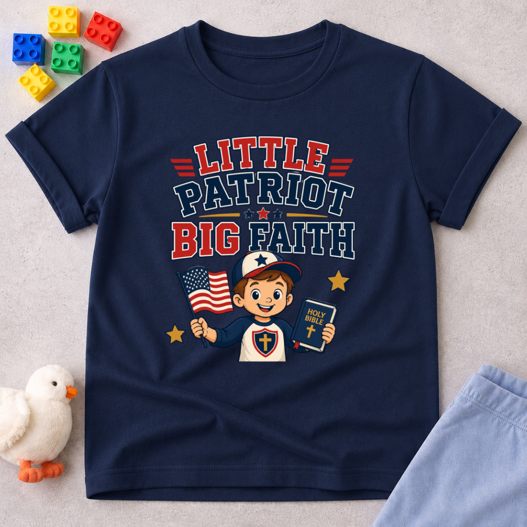 Little Patriot Big Faith Boy Christian kids shirt in navy featuring a patriotic child holding a Bible and American flag
