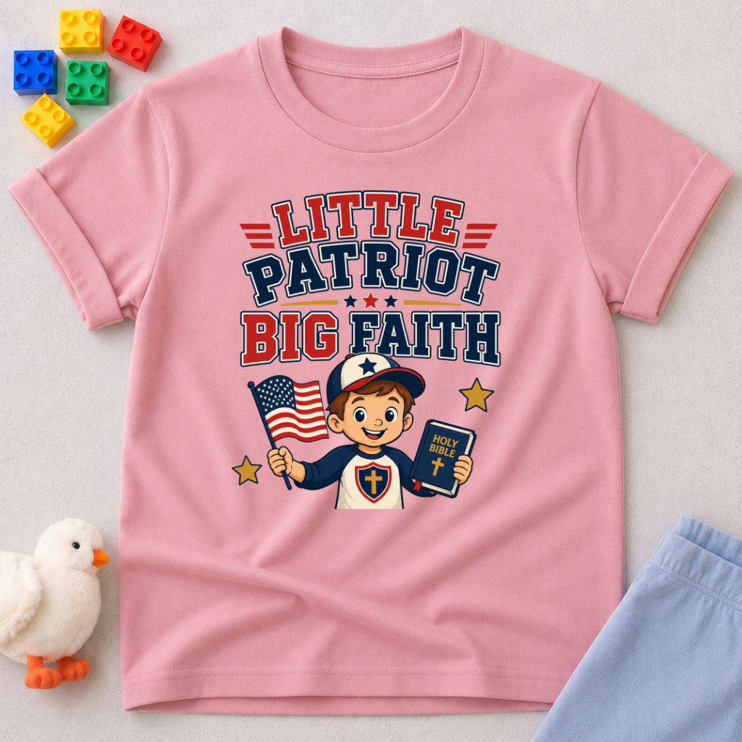 Little Patriot Big Faith Boy Christian kids shirt in pink featuring a patriotic child holding a Bible and American flag
