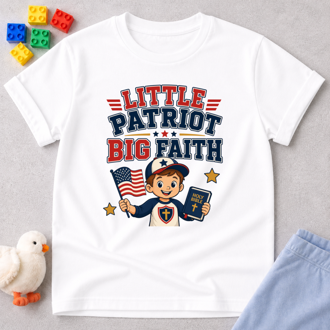Little Patriot Big Faith Boy Christian kids shirt in white featuring a patriotic child holding a Bible and American flag
