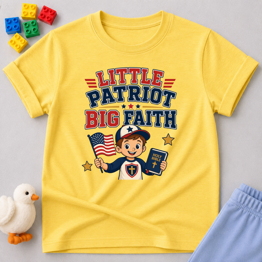 Little Patriot Big Faith Boy Christian kids shirt in yellow featuring a patriotic child holding a Bible and American flag
