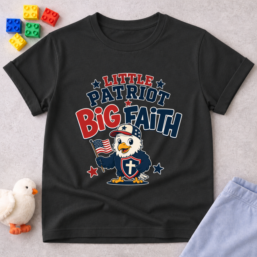 Little Patriot Eagle Faith Christian kids shirt in black featuring a patriotic eagle holding an American flag
