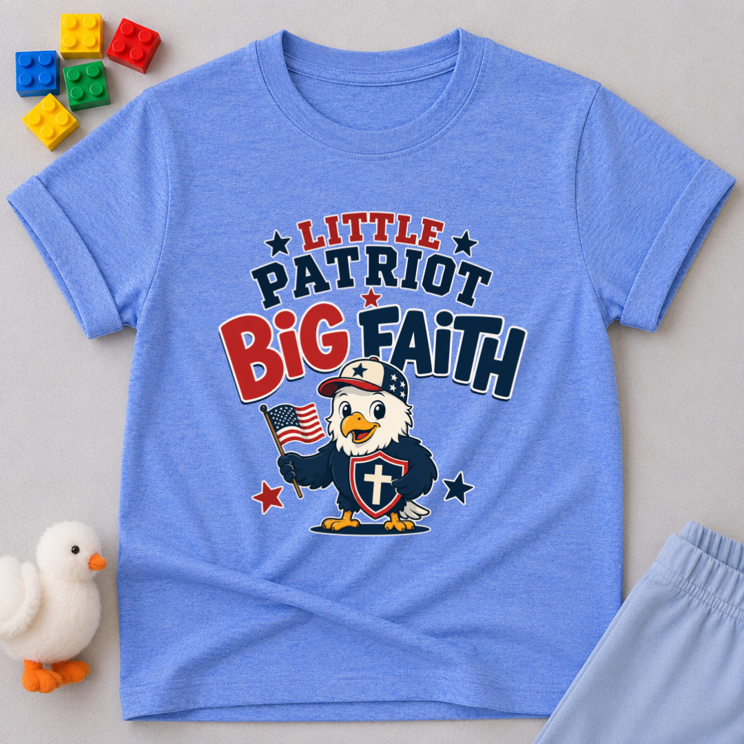 Little Patriot Eagle Faith Christian kids shirt in blue featuring a patriotic eagle holding an American flag

