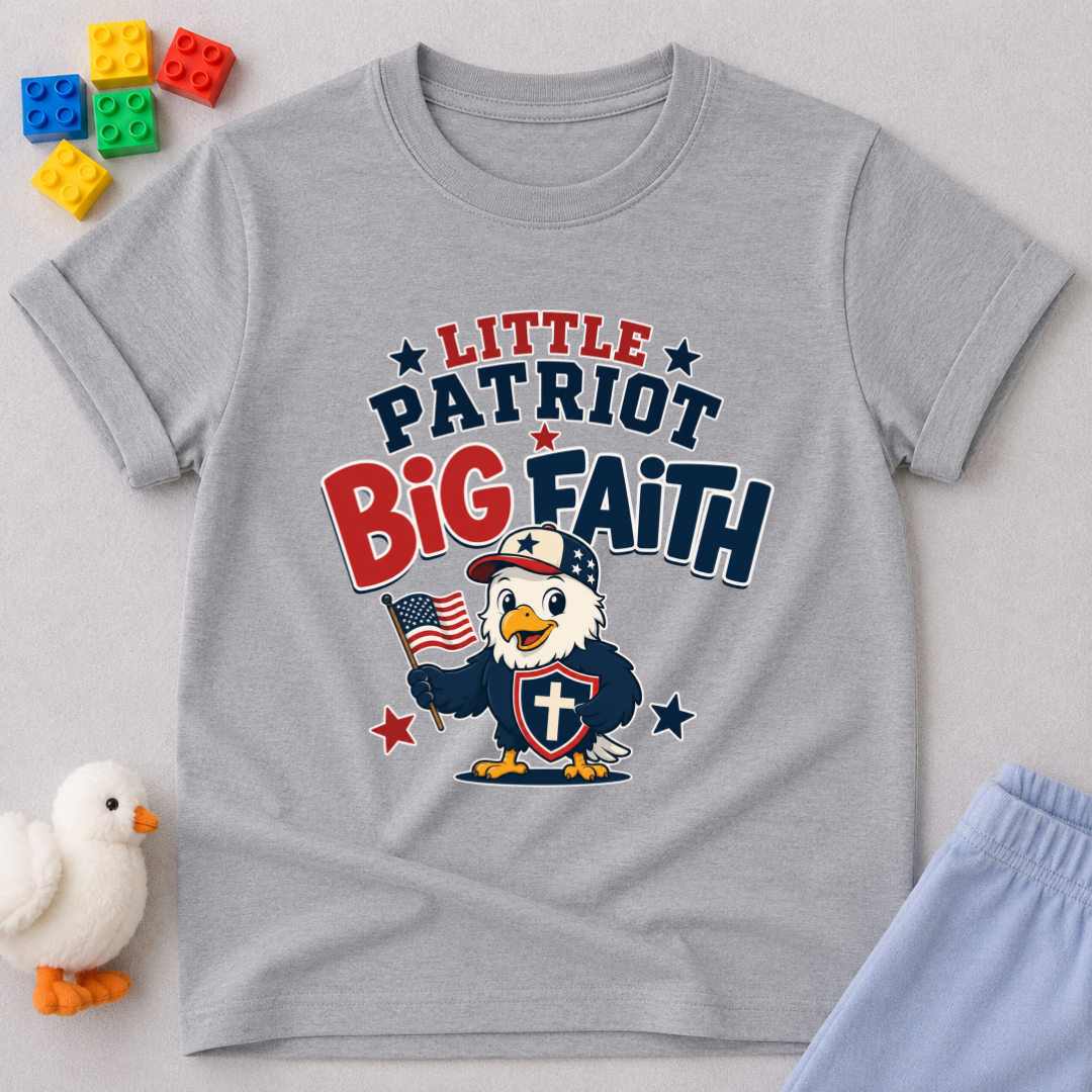Little Patriot Eagle Faith Christian kids shirt in gray featuring a patriotic eagle holding an American flag
