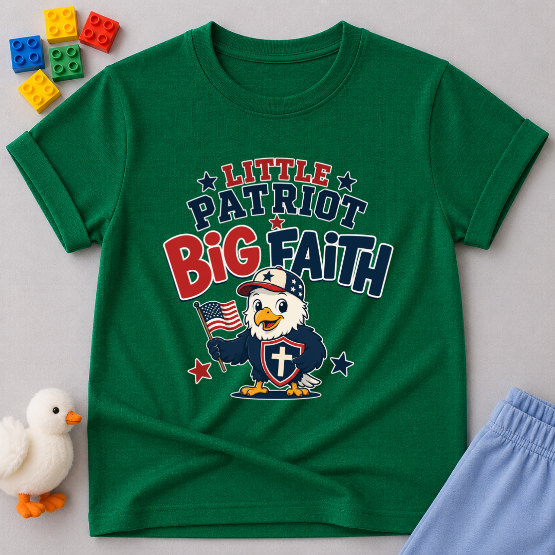 Little Patriot Eagle Faith Christian kids shirt in green featuring a patriotic eagle holding an American flag
