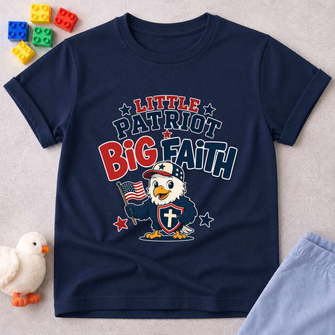 Little Patriot Eagle Faith Christian kids shirt in navy featuring a patriotic eagle holding an American flag
