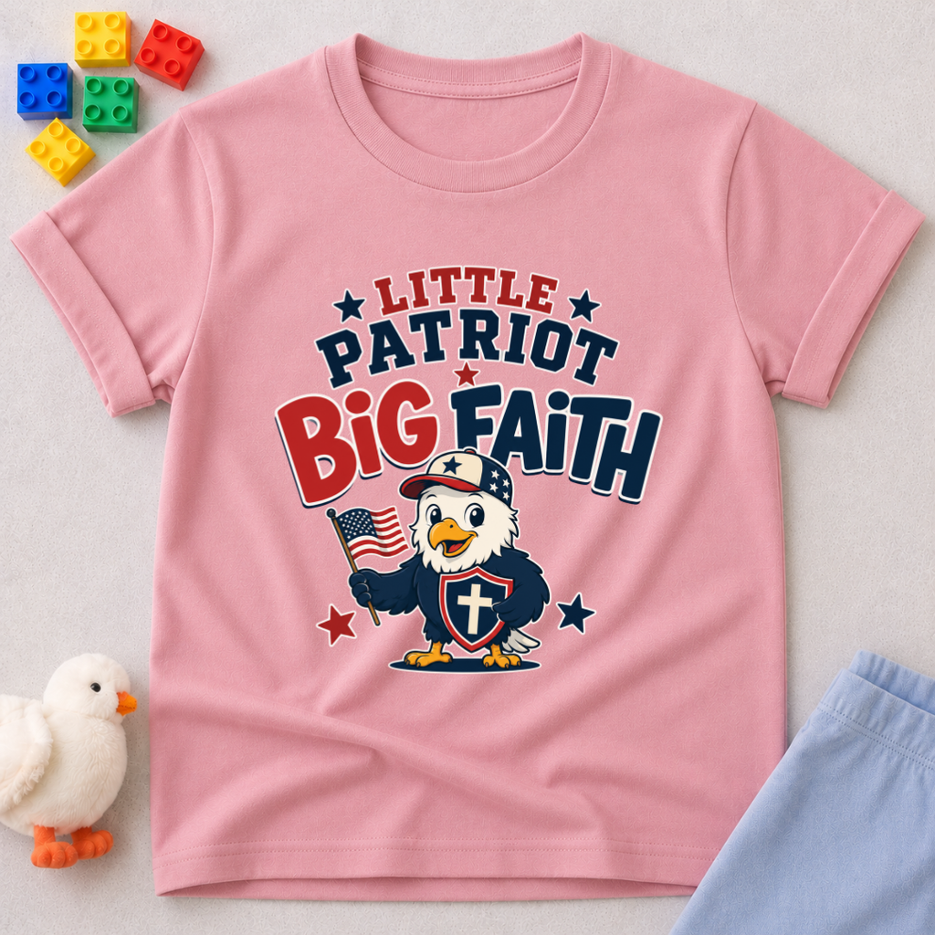 Little Patriot Eagle Faith Christian kids shirt in pink featuring a patriotic eagle holding an American flag
