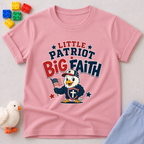 Little Patriot Eagle Faith Christian kids shirt in pink featuring a patriotic eagle holding an American flag

