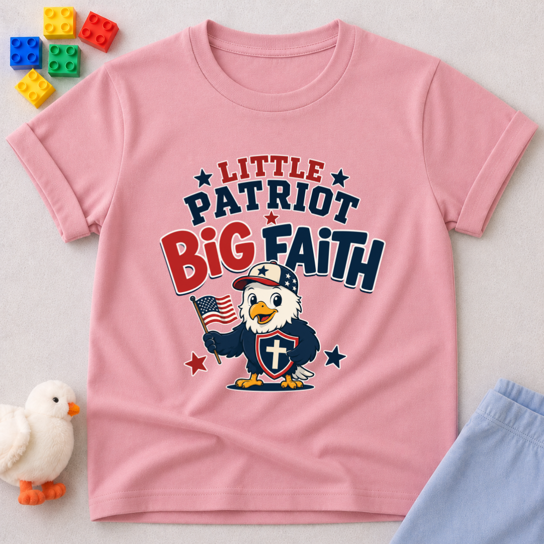 Little Patriot Eagle Faith Christian kids shirt in pink featuring a patriotic eagle holding an American flag
