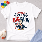 Little Patriot Eagle Faith Christian kids shirt in white featuring a patriotic eagle holding an American flag
