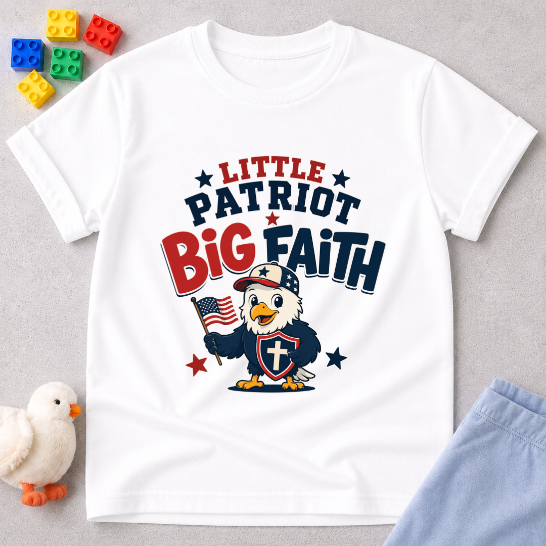 Little Patriot Eagle Faith Christian kids shirt in white featuring a patriotic eagle holding an American flag
