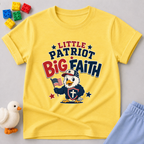 Little Patriot Eagle Faith Christian kids shirt in yellow featuring a patriotic eagle holding an American flag
