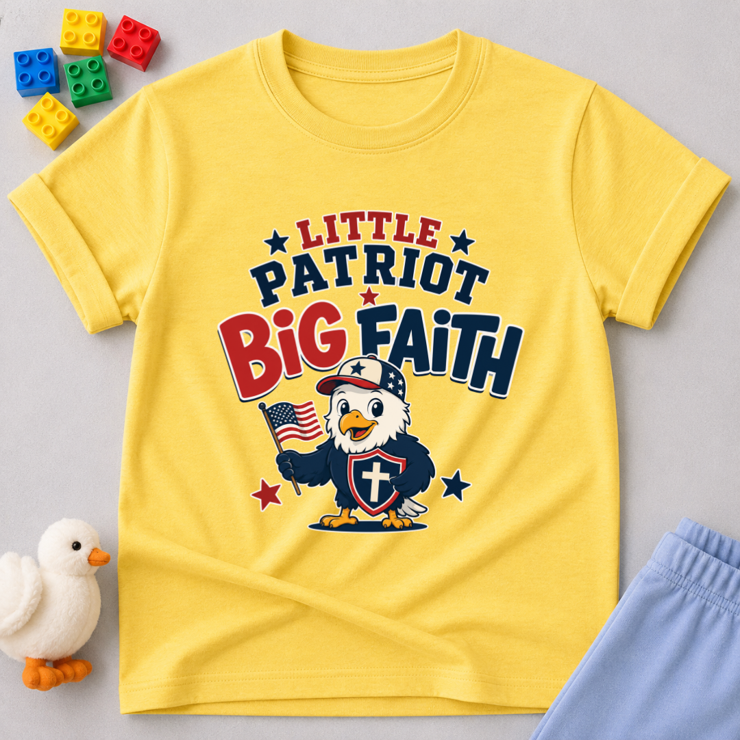 Little Patriot Eagle Faith Christian kids shirt in yellow featuring a patriotic eagle holding an American flag
