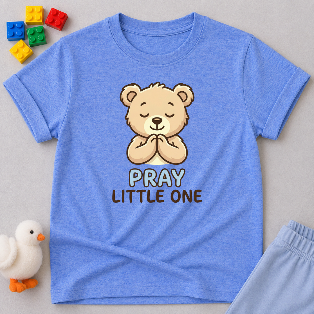 Little Prayer Bear Blessing Christian kids shirt in Blue featuring a cute praying bear and faith-inspired design