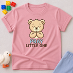 Little Prayer Bear Blessing Christian kids shirt in Pink featuring a cute praying bear and faith-inspired design