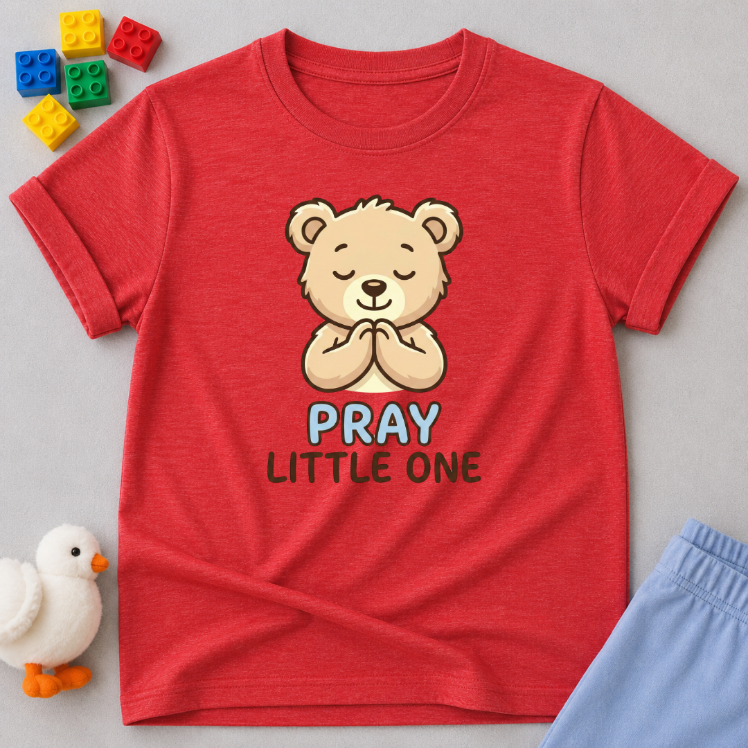 Little Prayer Bear Blessing Christian kids shirt in Red featuring a cute praying bear and faith-inspired design