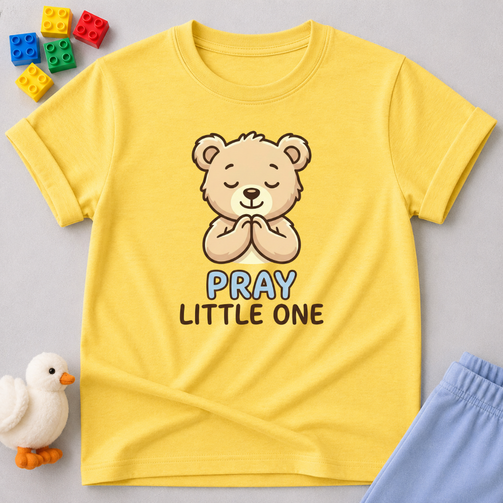 Little Prayer Bear Blessing Christian kids shirt in Yellow featuring a cute praying bear and faith-inspired design