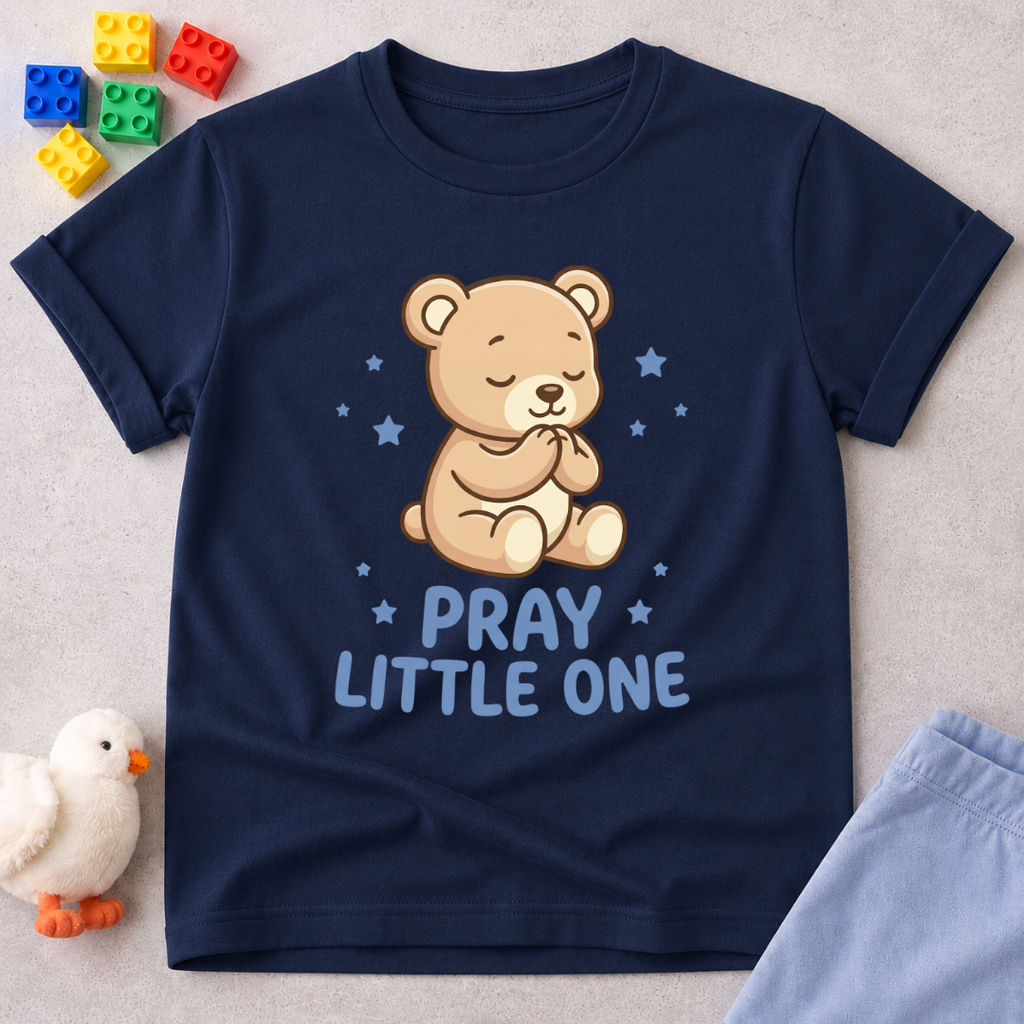 Little Prayer Bear Stars Christian kids shirt in Navy featuring a cute prayer bear with star accents