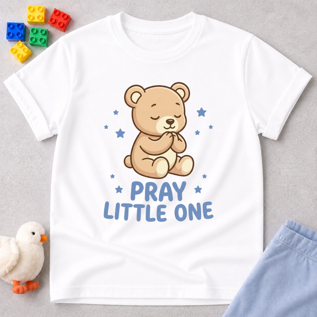 Little Prayer Bear Stars Christian kids shirt in White featuring a cute prayer bear with star accents