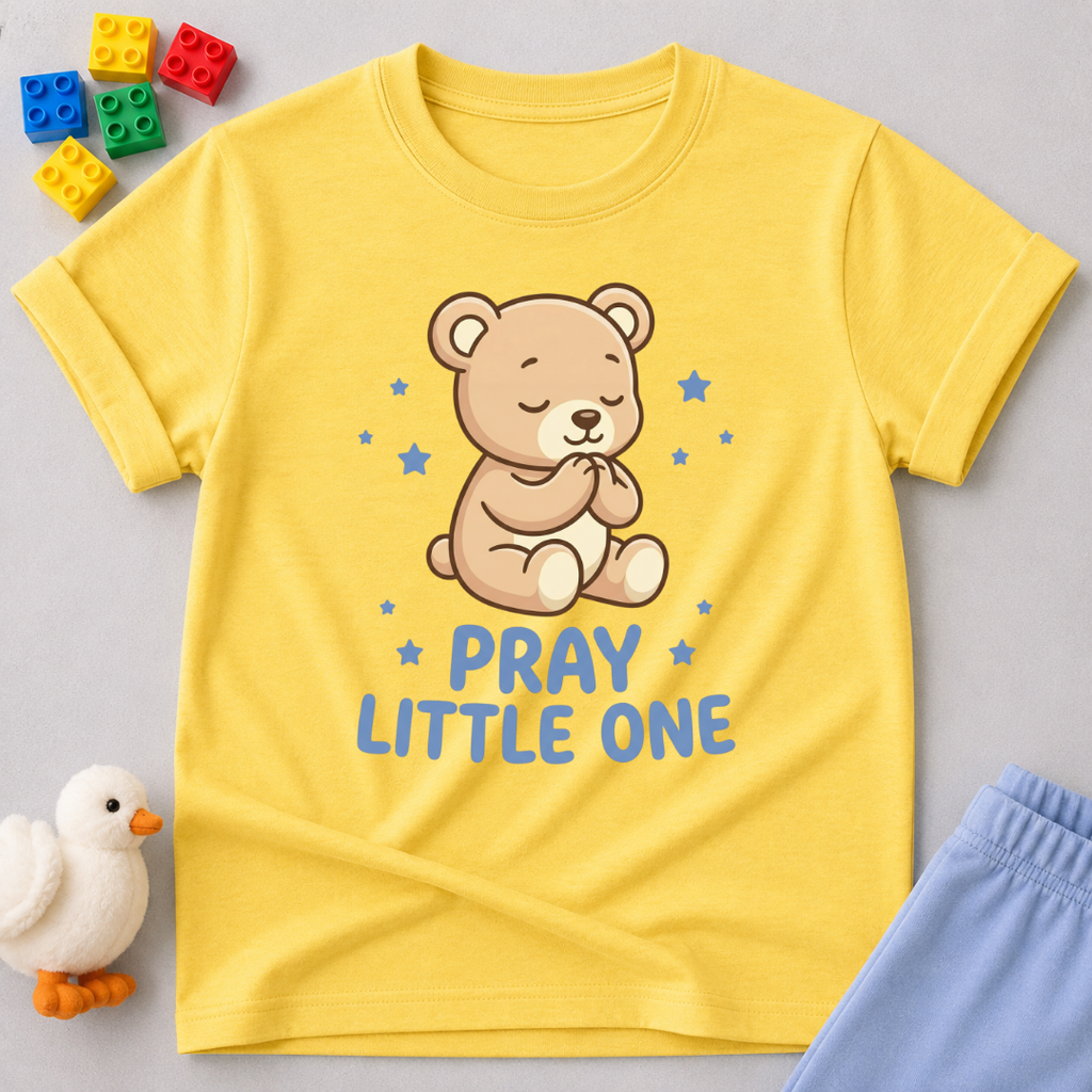 Little Prayer Bear Stars Christian kids shirt in Yellow featuring a cute prayer bear with star accents