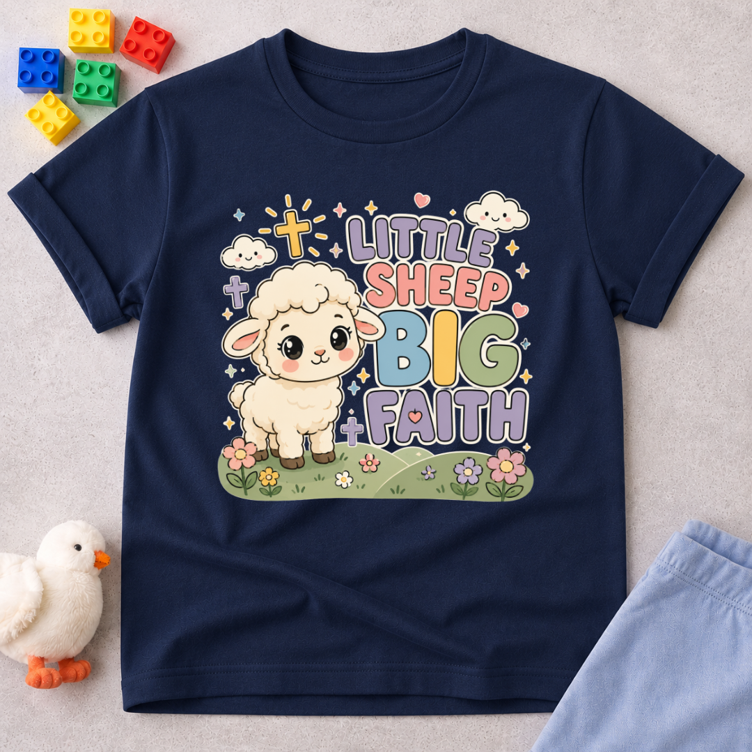 Little Sheep Big Faith Christian kids shirt in Navy featuring a cute sheep and faith-inspired affirmation design