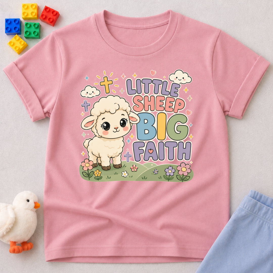 Little Sheep Big Faith Christian kids shirt in Pink featuring a cute sheep and faith-inspired affirmation design