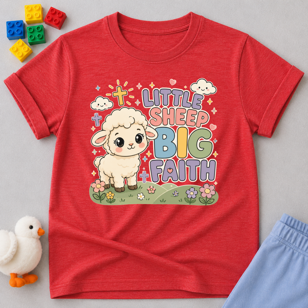 Little Sheep Big Faith Christian kids shirt in Red featuring a cute sheep and faith-inspired affirmation design