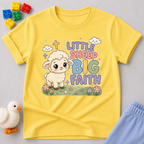 Little Sheep Big Faith Christian kids shirt in Yellow featuring a cute sheep and faith-inspired affirmation design
