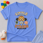 Little Strong Phil 413 Shirt Christian kids shirt in blue featuring a lion and Philippians 4:13 inspired design
