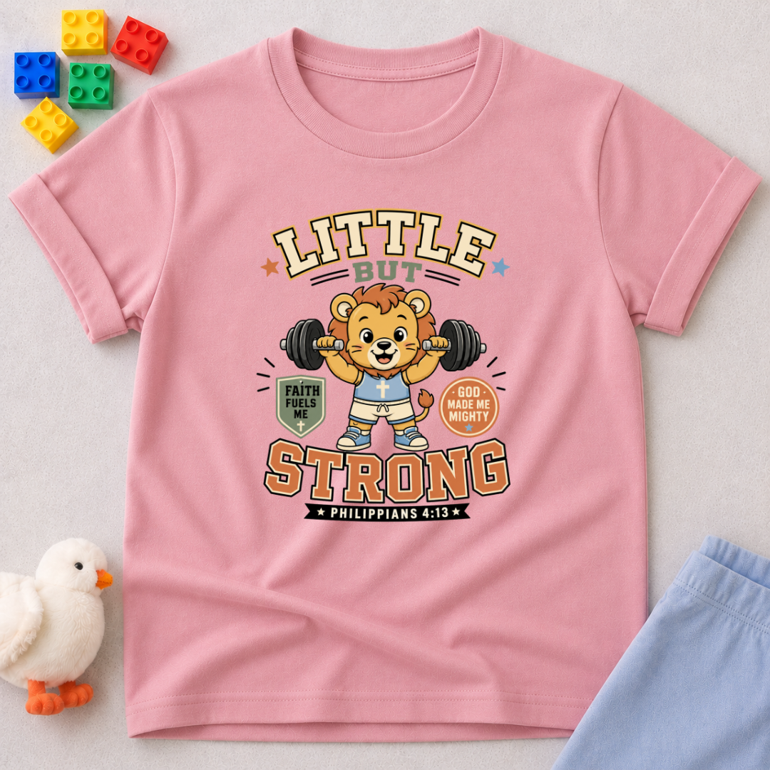 Little Strong Phil 413 Shirt Christian kids shirt in pink featuring a lion and Philippians 4:13 inspired design

