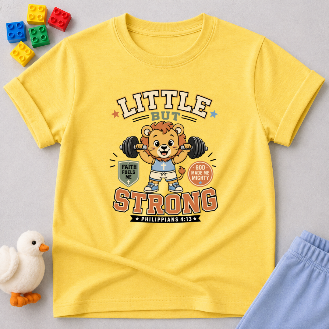 Little Strong Phil 413 Shirt Christian kids shirt in yellow featuring a lion and Philippians 4:13 inspired design
