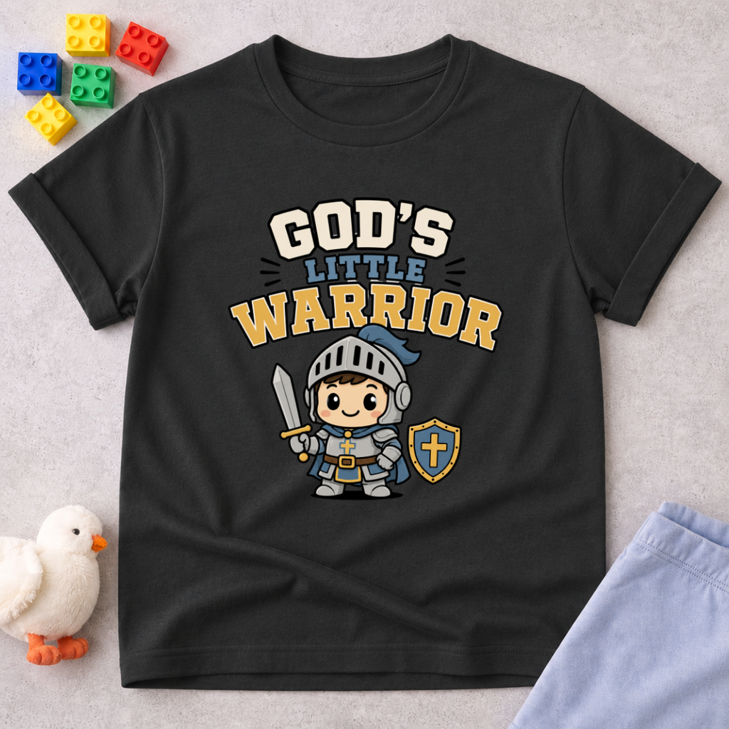 Little Warrior Faith Shield Shirt Christian kids shirt in black featuring a young warrior with armor shield and faith message
