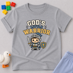 Little Warrior Faith Shield Shirt Christian kids shirt in gray featuring a young warrior with armor shield and faith message

