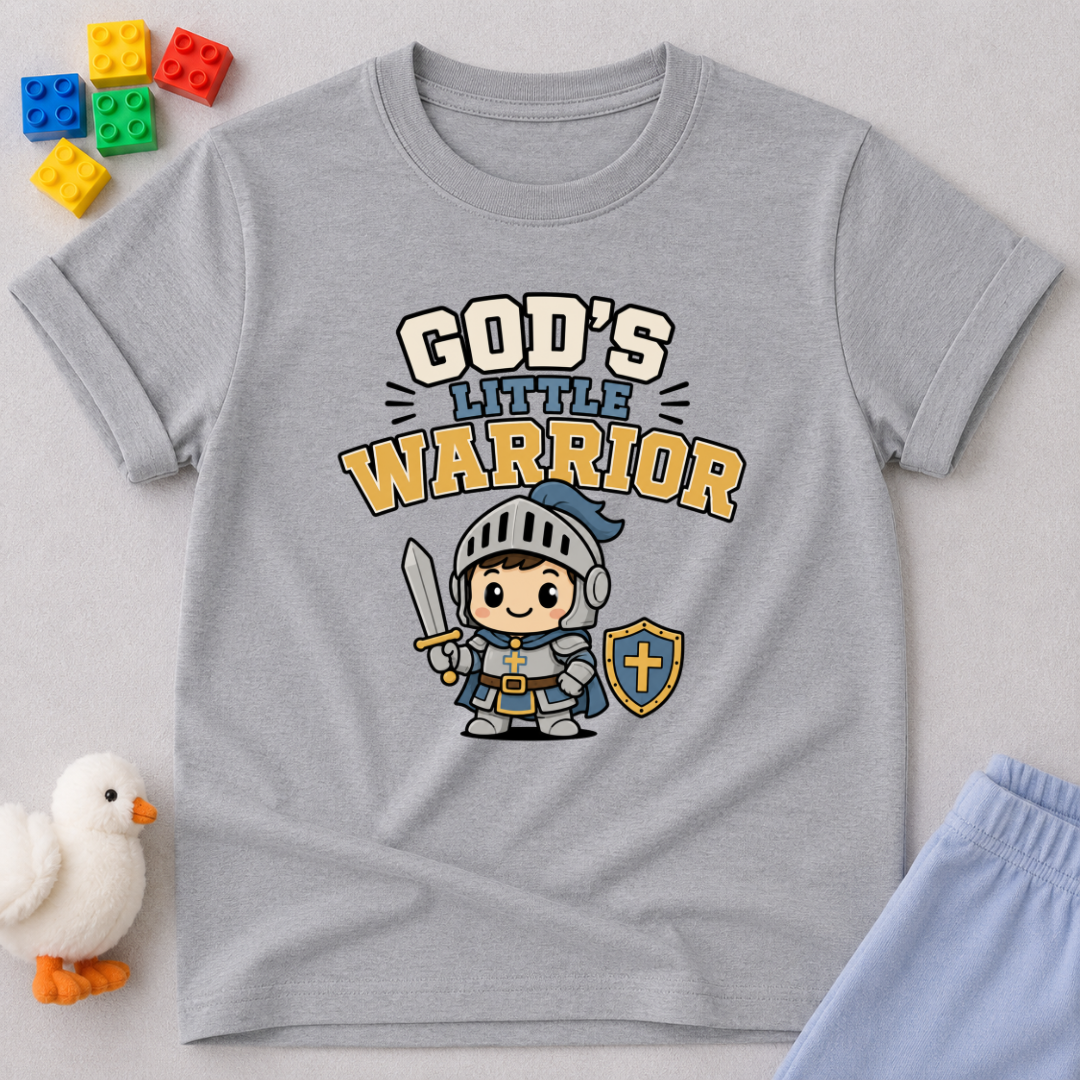 Little Warrior Faith Shield Shirt Christian kids shirt in gray featuring a young warrior with armor shield and faith message
