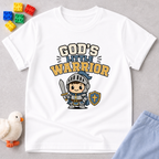 Little Warrior Faith Shield Shirt Christian kids shirt in white featuring a young warrior with armor shield and faith message
