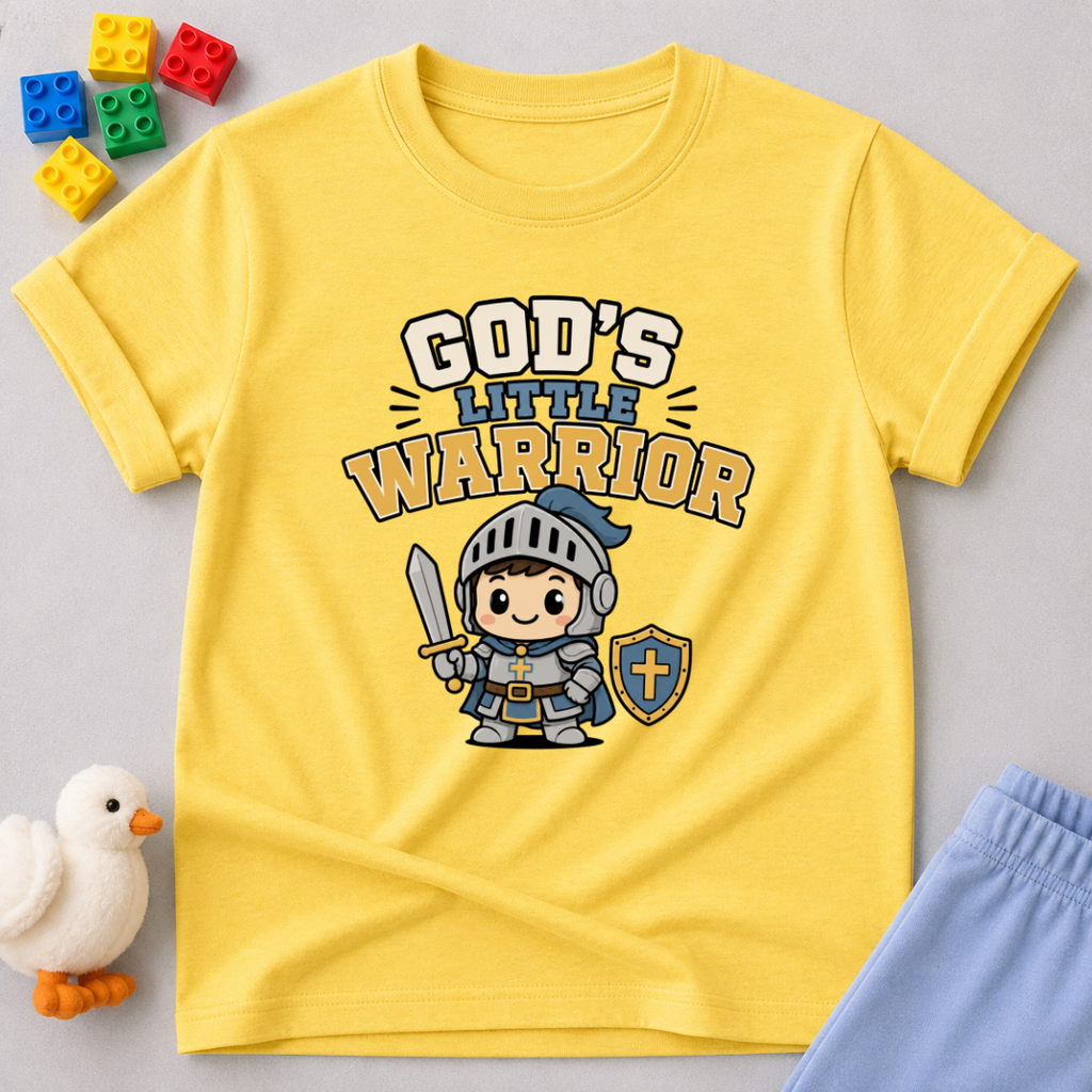 Little Warrior Faith Shield Shirt Christian kids shirt in yellow featuring a young warrior with armor shield and faith message
